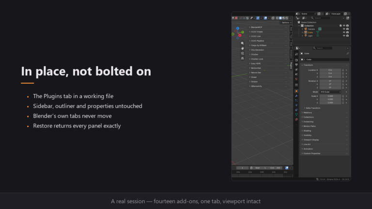作業中のBlenderの画面。サイドバーのPluginsタブにBlenderMCPやOceanなど14個のアドオンの見出しが並び、アウトライナーとプロパティはそのまま（画像: calebdeleon）