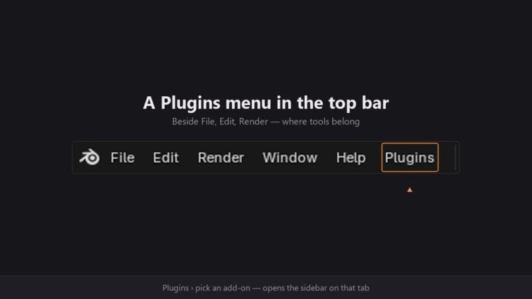 BlenderのトップバーでFile・Edit・Render・Window・Helpの右にPluginsメニューが追加されている図（画像: calebdeleon）