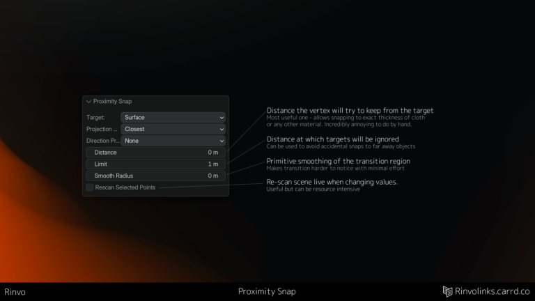 Proximity Snapの設定パネル。Target、Projection、Direction Priority、Distance、Limit、Smooth Radius、Rescan Selected Pointsの各項目に英語の説明が付いている(画像: rinvo)
