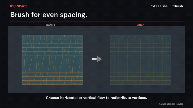 Spaceブラシで不揃いな頂点の列が均等な間隔に並び直る前後の比較（画像: cvELD）
