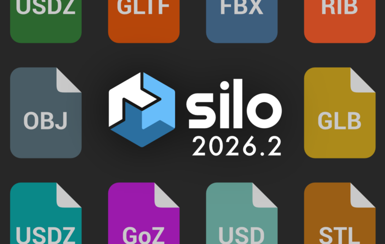 Silo 2026.2のロゴを囲むUSDZ・GLTF・FBX・RIB・OBJ・GLB・GoZ・USD・STLのファイル形式アイコン（画像: Nevercenter）