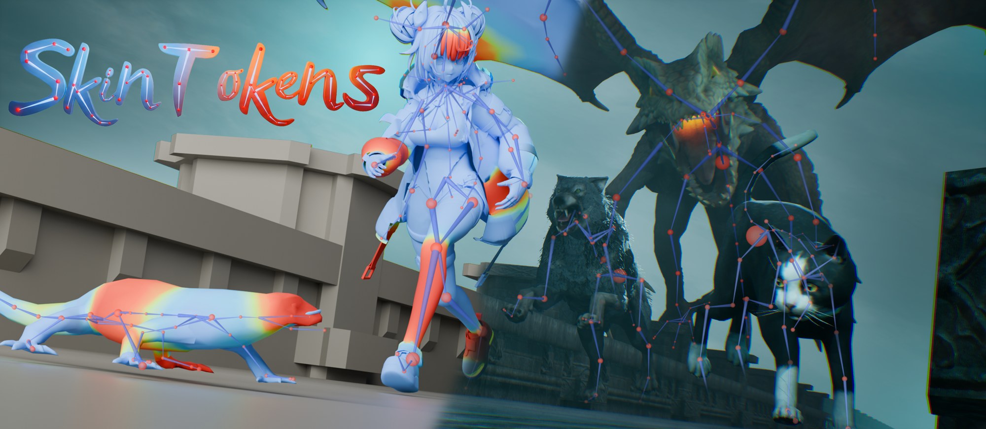 SkinTokensの紹介画像。アニメ調のキャラクター、カワウソ、オオカミ、ドラゴン、猫のモデルにスケルトンとウェイトのヒートマップが重ねて表示されている