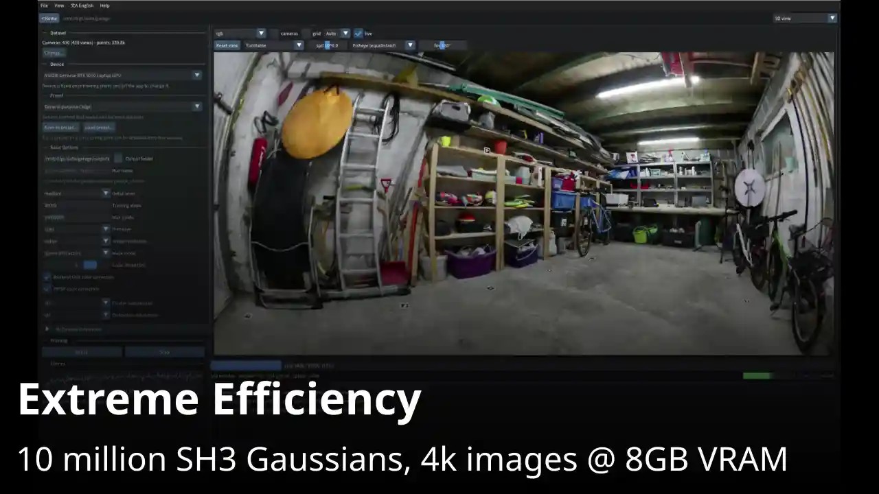 Spirula Studioで学習したガレージの3DGSを表示している画面。8GBのVRAMで1,000万個のガウシアンを扱えるという説明入り（画像: Spirula Studio）