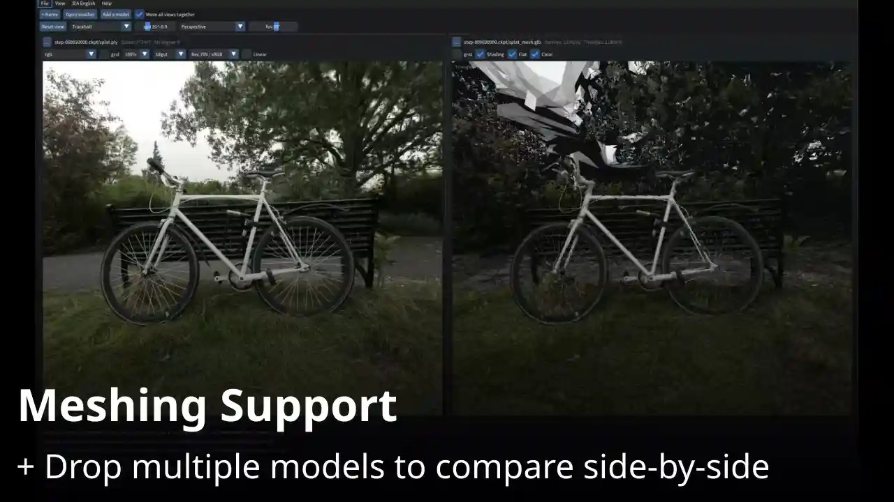 ベンチの前に置いた自転車の2つのモデルを左右に並べて比べている画面（画像: Spirula Studio）