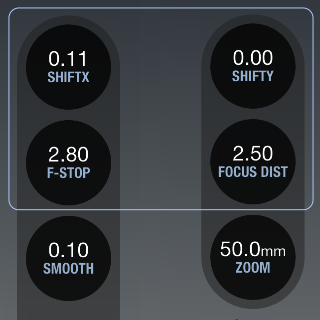 SHIFTX・SHIFTY・F-STOP・FOCUS DISTなどDCCの属性を割り当てたスライダーのUI（画像: The Weird Byte）
