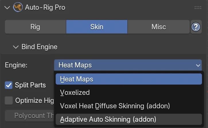 Auto-Rig ProのSkinタブのBind Engineで、Heat Maps・Voxelized・Voxel Heat Diffuse Skinning・Adaptive Auto Skinningから選ぶメニュー
