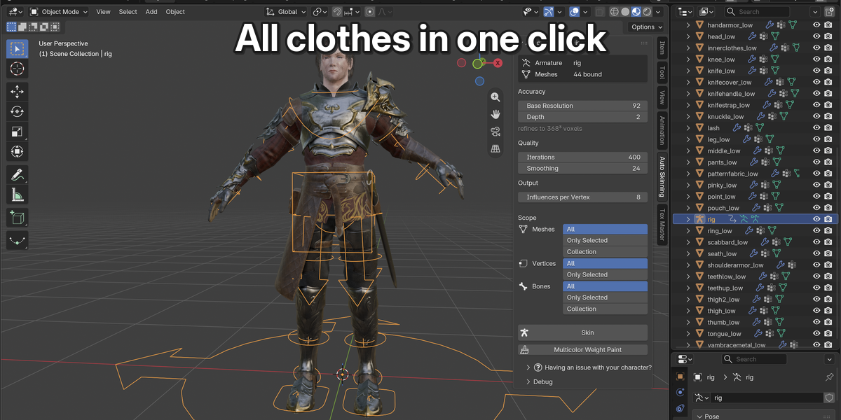 鎧と服を着たキャラクターをBlenderで選択し、右側にAdaptive Auto Skinningの設定パネルが出ている画面