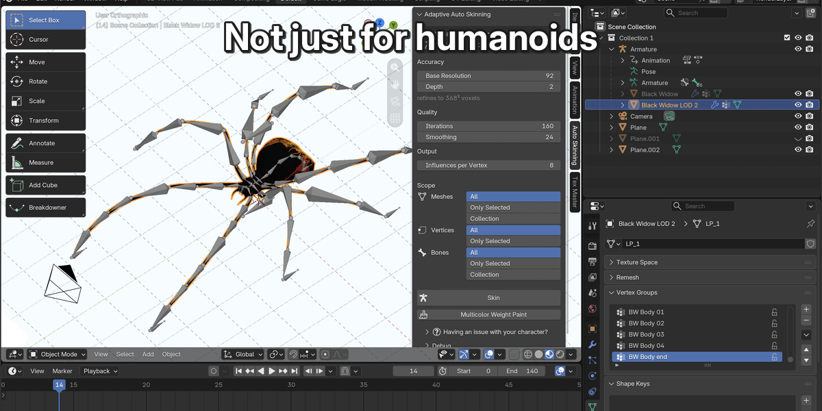 8本脚のクモのモデルにボーンが入ったBlenderの画面