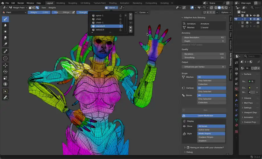 キャラクターのメッシュがボーンごとに色分けされ、Adaptive Auto Skinningでバインドされた様子