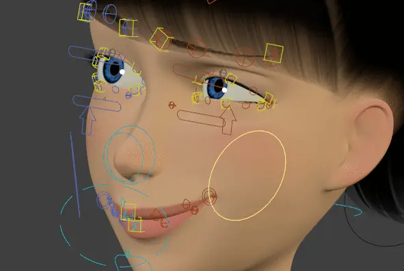 女性キャラクターの顔に配置されたAuto-Rig Proの顔のリグのコントローラーを動かして表情を付けている様子