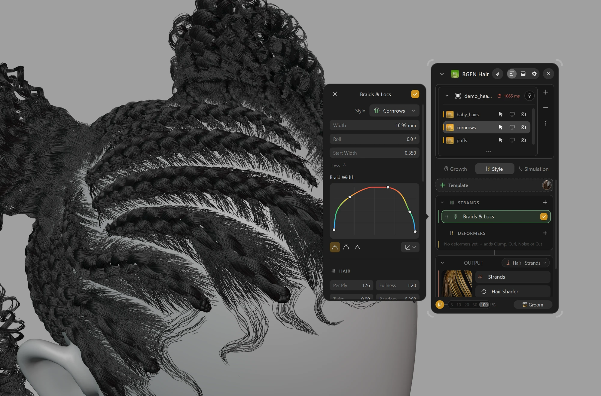 コーンロウとカールした髪のキャラクターの頭部と、Braids & LocsパネルとBGEN Hairのウィンドウ(画像: M2KY)