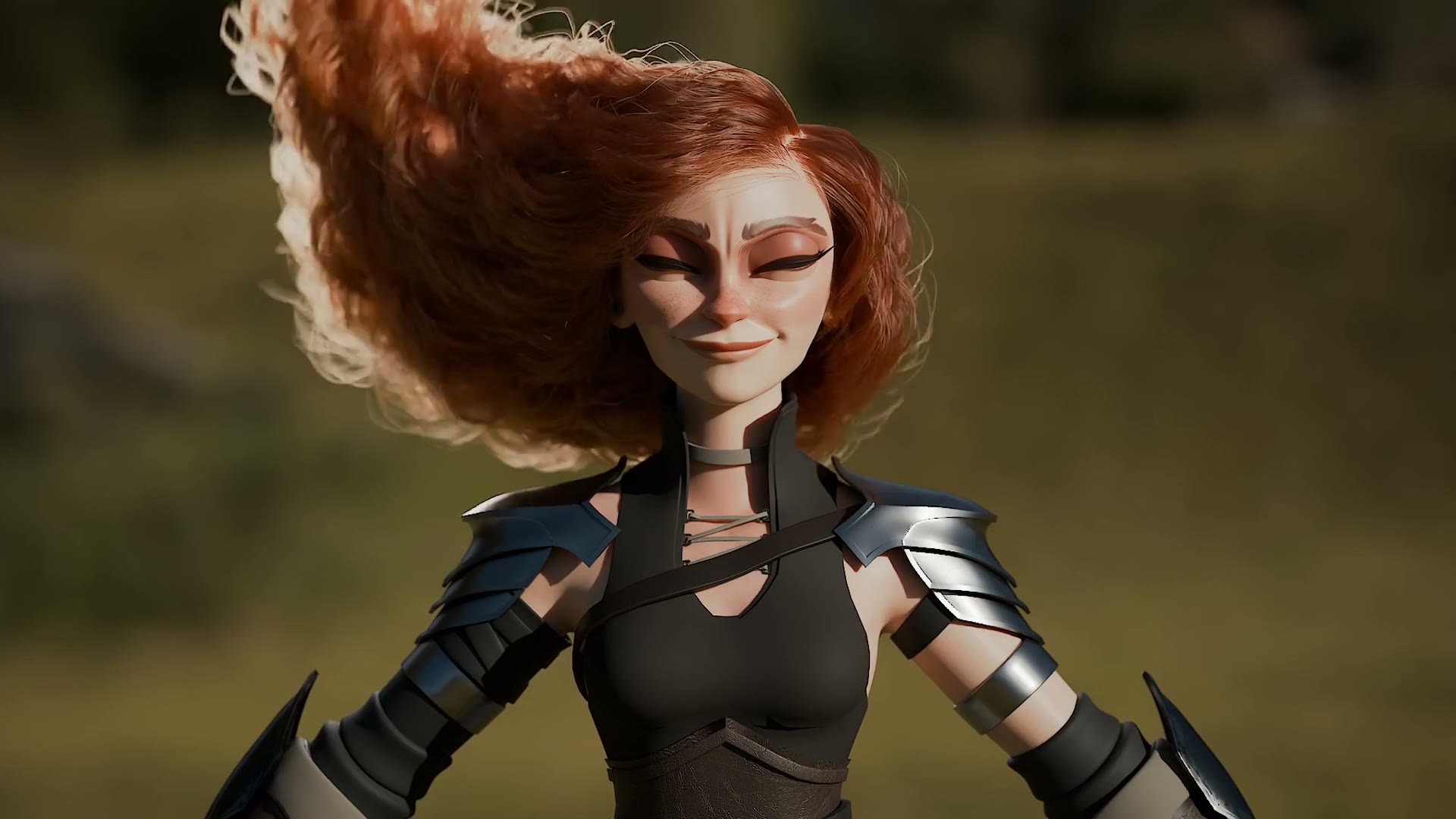 赤い巻き毛が風になびく、肩当てを着けた女性キャラクターのレンダリング