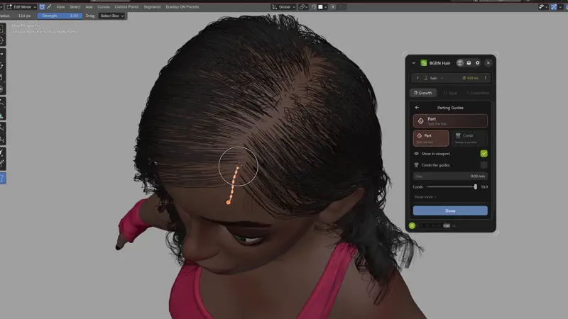 女性キャラクターの頭皮に分け目の線を描き、コームで毛流れを整えているBlenderの画面(画像: M2KY)