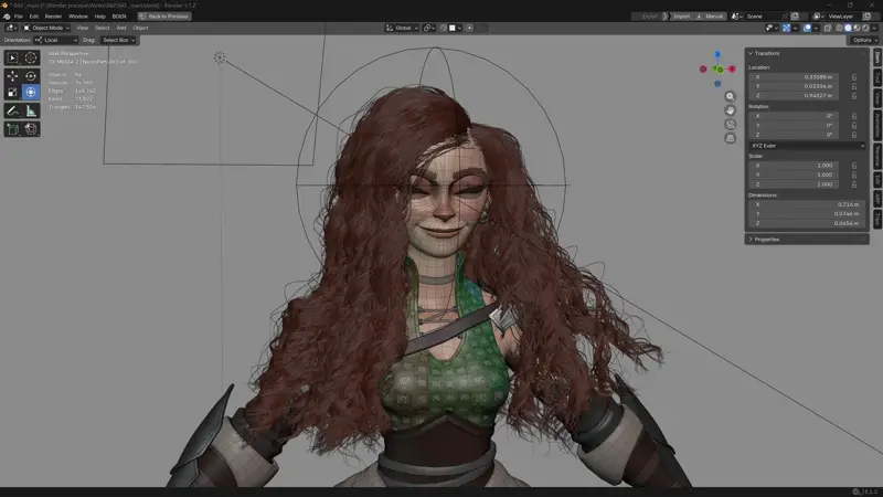 Blenderのビューポートで、風のフォースフィールドを当てた女性キャラクターの巻き毛が揺れている画面(画像: M2KY)