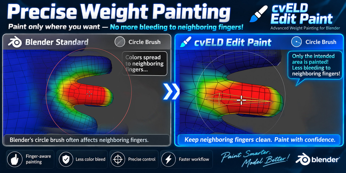 Blender標準の円形ブラシと、cvELD Edit Paintの半円ブラシで指を塗り比べた画像。Edit Paint側は隣の指に色がはみ出していない