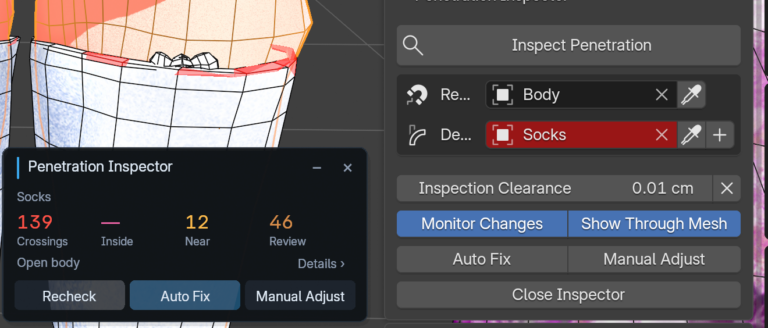 Penetration Inspectorのパネル。靴下についてCrossings 139・Near 12・Review 46と表示され、Recheck・Auto Fix・Manual Adjustのボタンが並ぶ