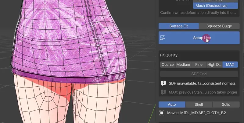 スカートのフィット中に、パネルのSkirt Preservationの値を上げていく録画。裾の開き具合が変わる