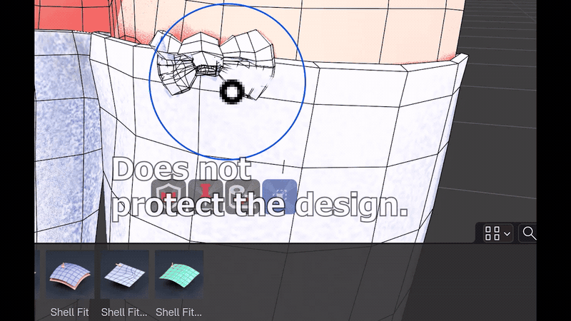 靴下のリボンをシェルフィットのブラシでなぞる録画。Preserve Shapeのオフとオンを比べている