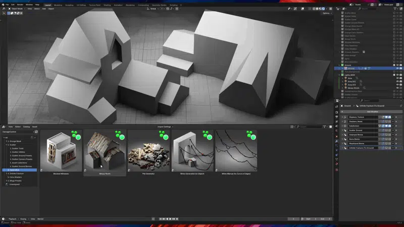 建物に割れた窓や瓦礫の山、電線をドラッグで足していくBlenderの画面（画像: Embrace FX）