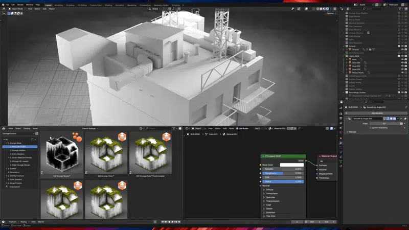 グランジマスクのアセットを建物に適用し、汚れの入り方を調整するBlenderの画面（画像: Embrace FX）