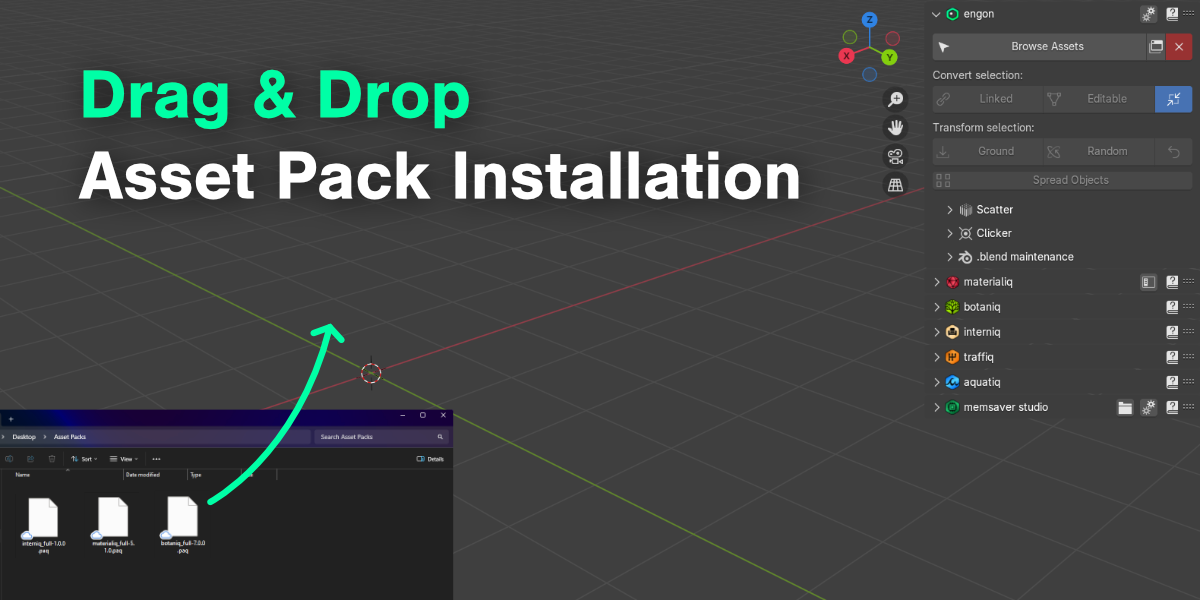 engonのパネルと、asset packのファイルをドラッグ&ドロップでインストールする説明