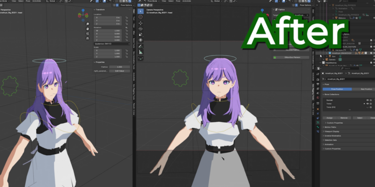 Flatticeを使ったあとのキャラクター。Blenderのビューポート2つに同じキャラクターが映り、右上にAfterの文字(画像: DillonGoo Studios / Superhive)
