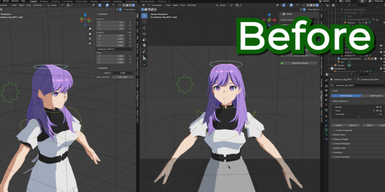 Flatticeを使う前のキャラクター。Blenderのビューポート2つに同じキャラクターが映り、右上にBeforeの文字(画像: DillonGoo Studios / Superhive)