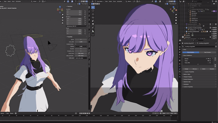 Blenderの画面。左のビューポートにキャラクター全体、右にカメラから見た顔のアップが並んでいる(画像: DillonGoo Studios / Superhive)