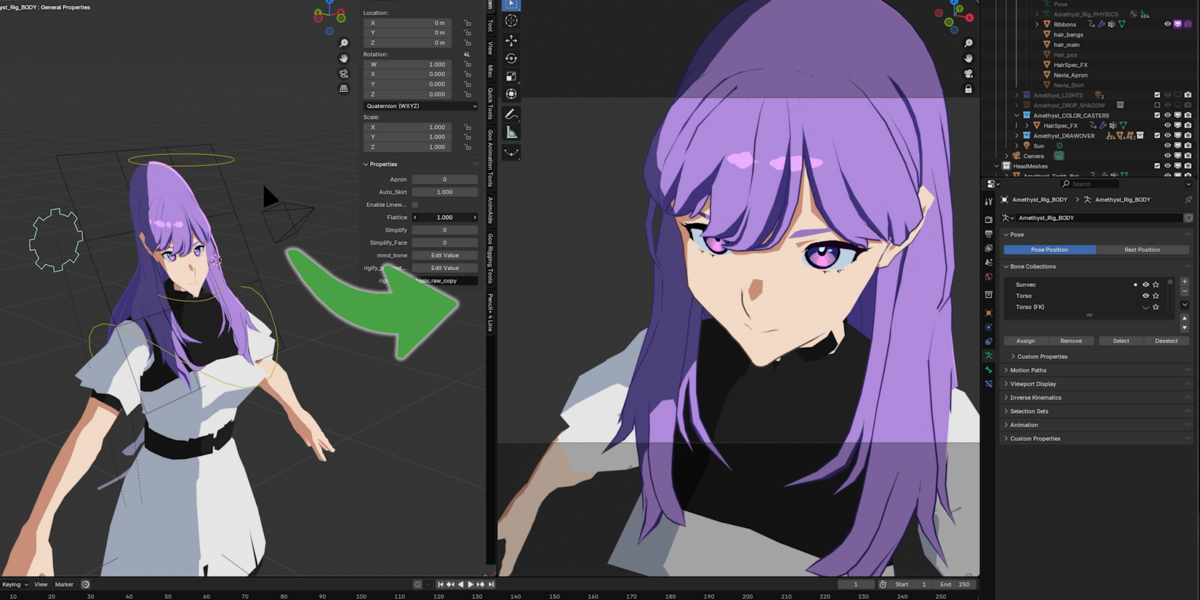 Flatticeを付けたキャラクターのビューポート(左)と、カメラから見た顔のアップ(右)を矢印でつないだ画像(画像: DillonGoo Studios / Superhive)