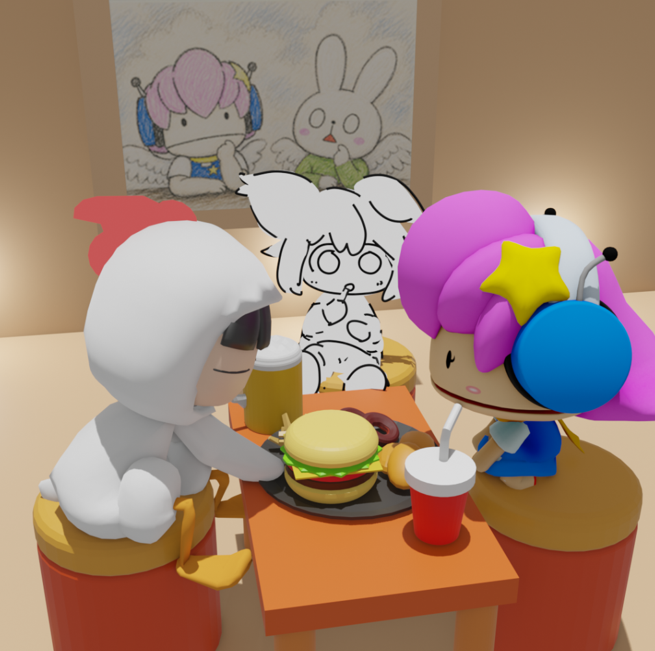 テーブルでハンバーガーを囲む3体のキャラクターをレンダリングした画像