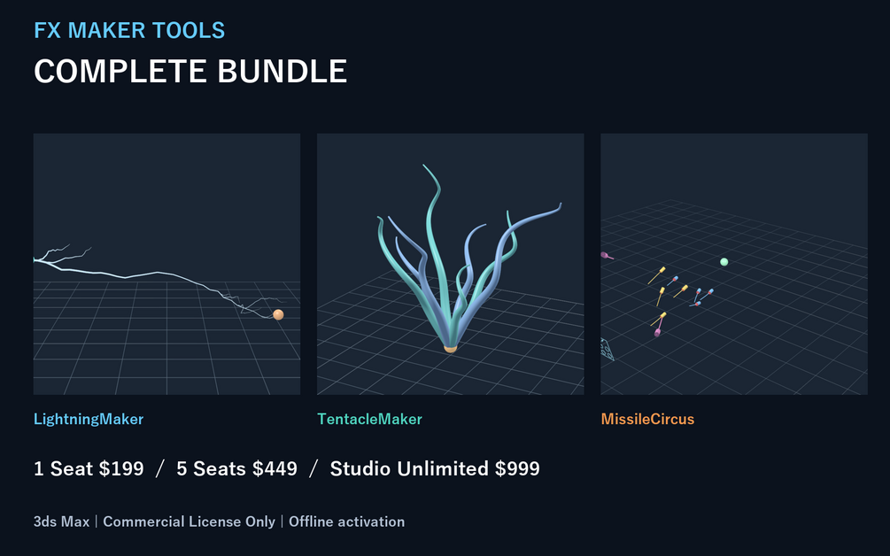 FX Maker Tools Complete Bundleの紹介画像。Lightning Maker・Tentacle Maker・MissileCircusの3製品の画面が並ぶ