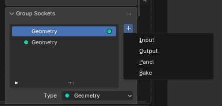 ノードグループのソケット一覧の追加メニューに、Input・Output・Panelと並んでBakeがあるモックアップ