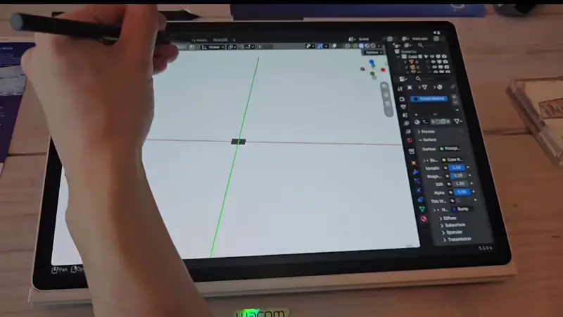 AndroidのタブレットでBlenderを開き、ペンで画面をなぞってノードツールを動かしているデモ