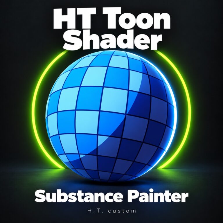 HT Toon Shaderの告知画像。トゥーン表示の球とSubstance Painterの文字（画像: H.T. / BOOTH）
