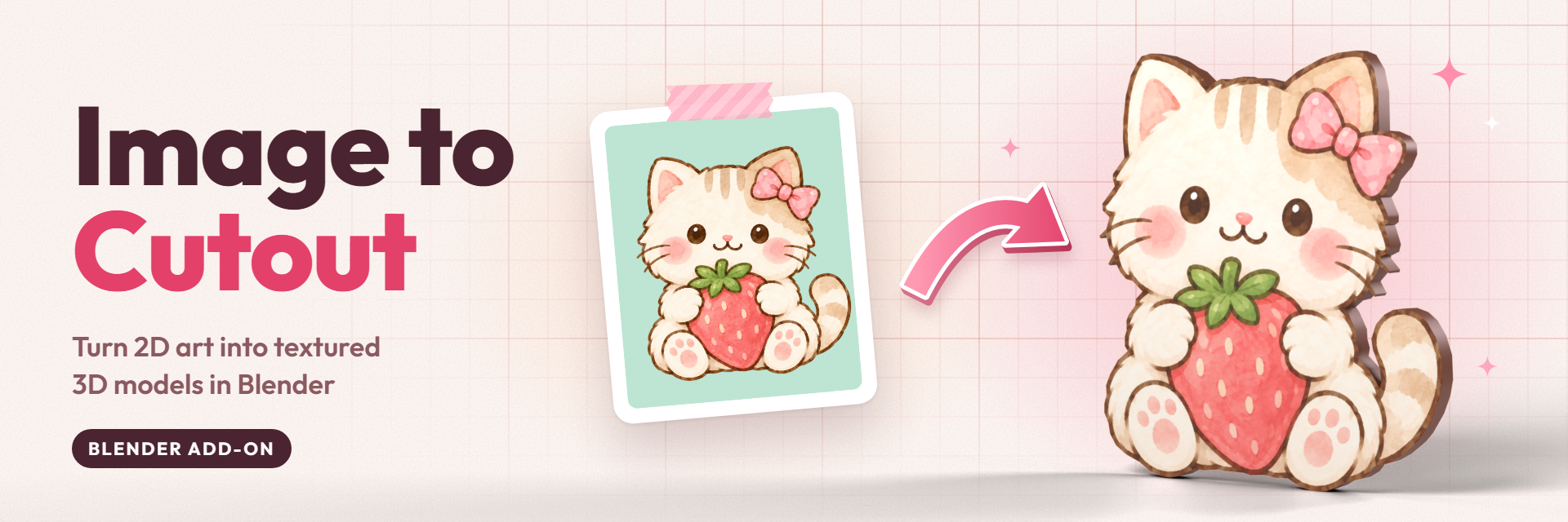 Image to Cutoutのバナー。イチゴを抱えた子猫のイラストが、厚みのある3Dの切り抜きモデルになっている