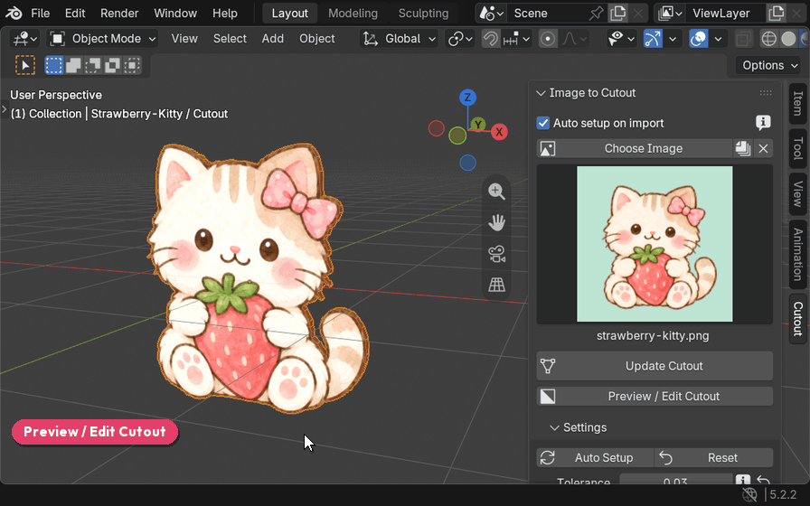 Edit Cutoutの画面で、Removeブラシで猫のしっぽの一部を塗って消している操作