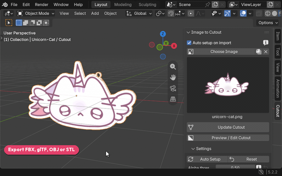 書き出し画面でFBX・glTF binary・OBJ・STLの形式を選んでいる操作