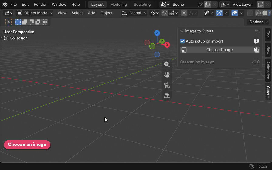 CutoutタブでChoose Imageから画像を選び、Generate Cutoutで3Dモデルを作る操作