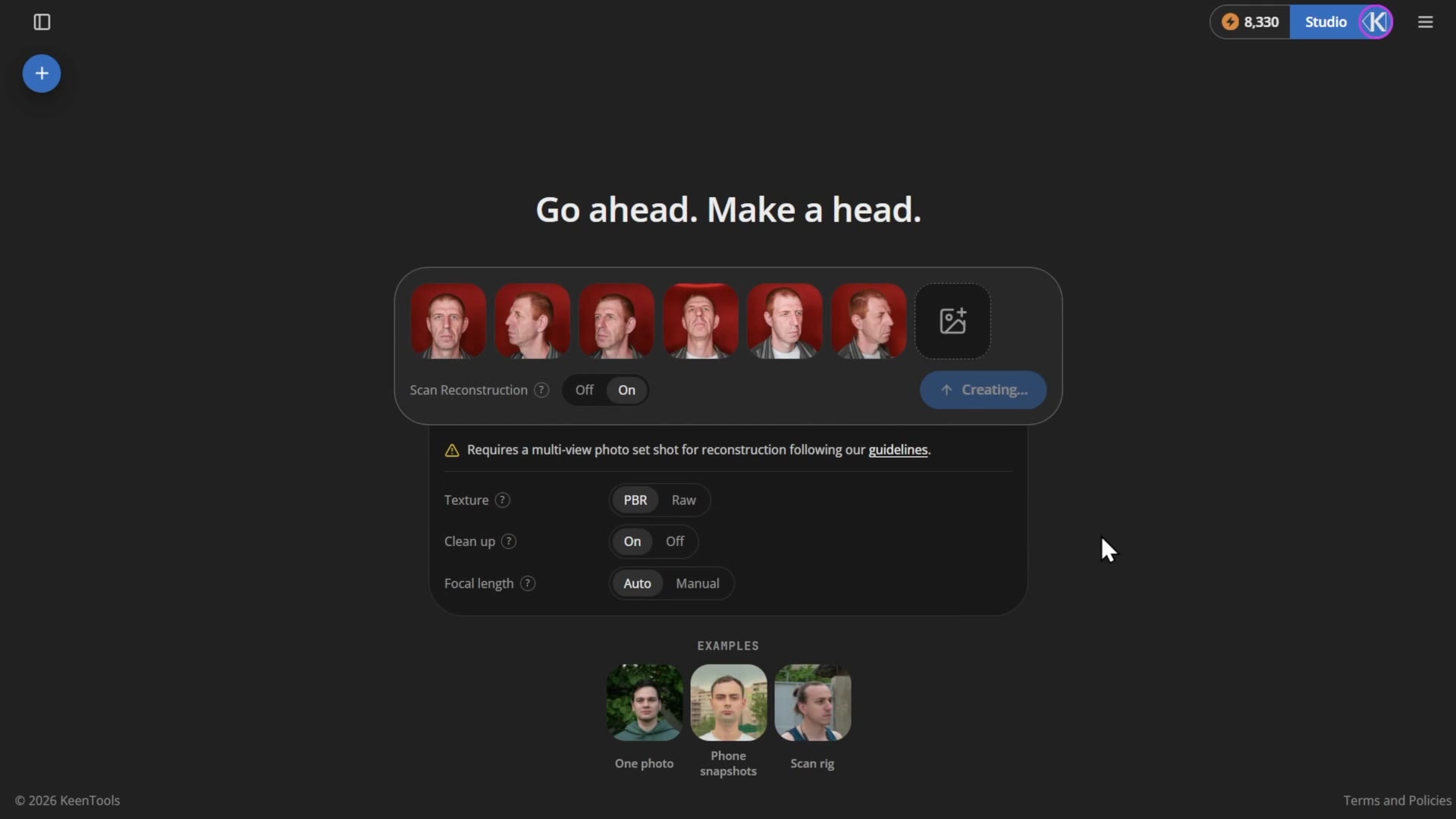 KeenFace Studioの作成画面。同じ人物の写真6枚が並び、テクスチャやクリーンアップの設定がある