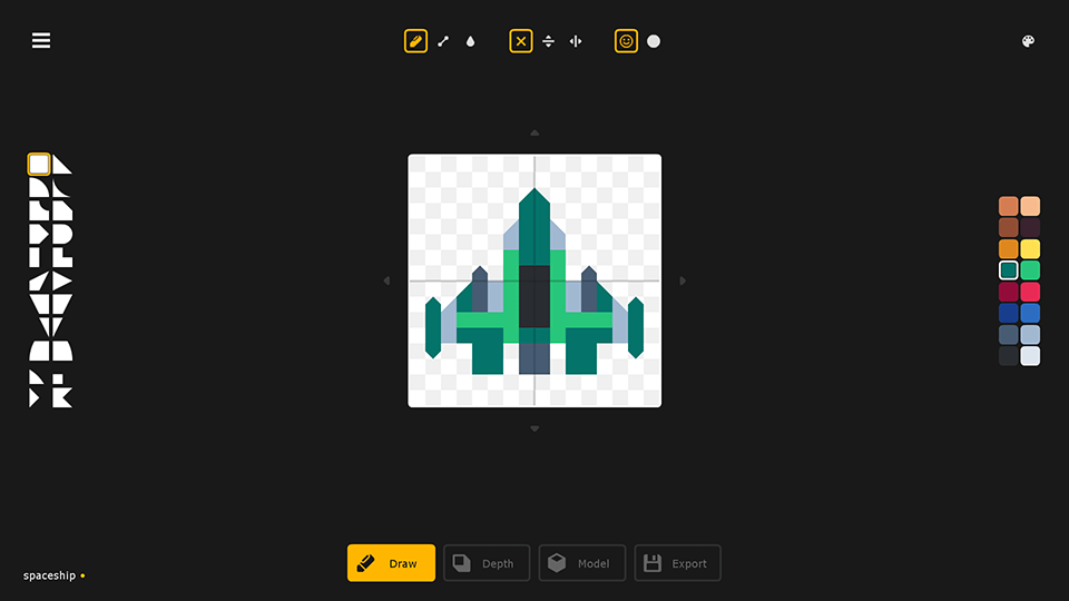 左に図形、右にカラーパレット、中央に宇宙船のドット絵が描かれたKenney ShapeのDraw画面（画像: Kenney）