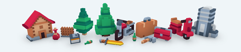 Kenney Shapeで作った家、木、剣、スクーター、ビルなどのドット絵風3Dモデルが並ぶ画像（画像: Kenney）
