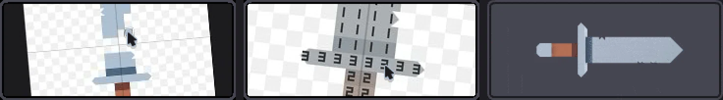 剣のドット絵を描き、ピクセルごとに奥行きの数値を付け、押し出した3Dモデルを回して見るまでの3つの画面（画像: Kenney）
