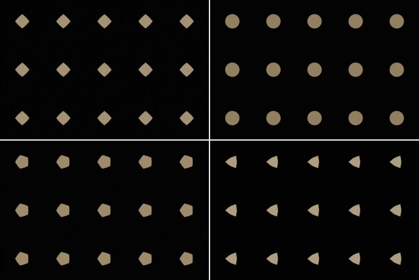 黒い背景に並んだ点光源のボケが、丸・五角形・ひし形・三角に近い形になった4枚の比較