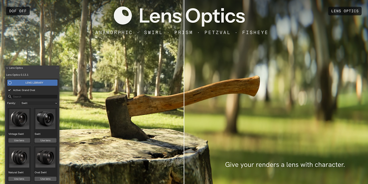 切り株に刺さった斧を写したレンダーの右半分だけ背景がぼけ、左にLens Opticsのパネルが出ている画像