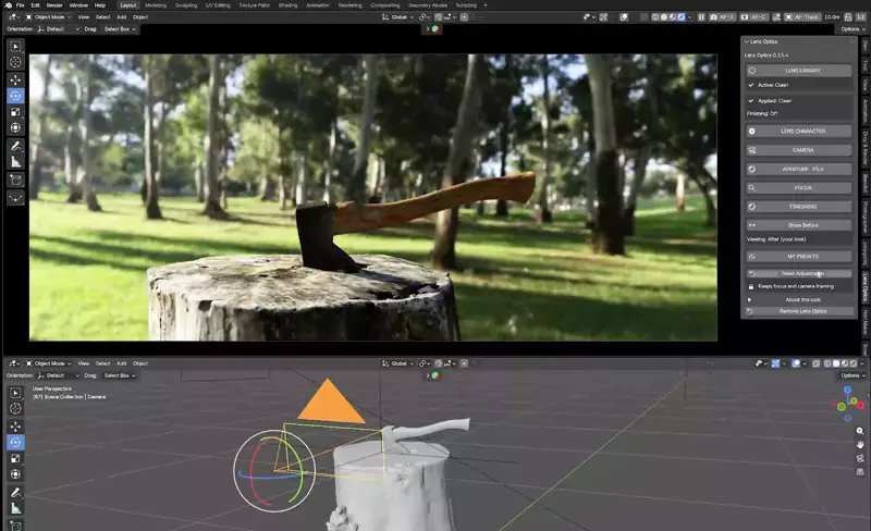 Blenderでレンズのルックを選び、切り株と斧のレンダービューの背景のボケが変わっていく画面録画