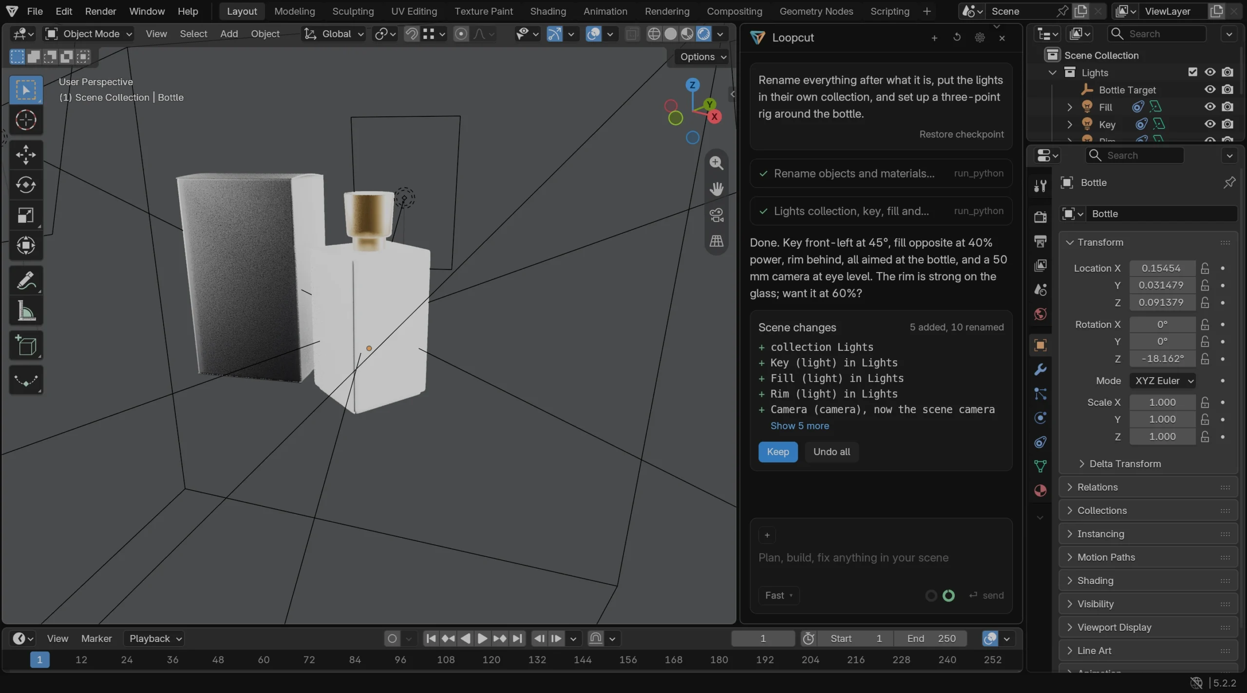 Loopcutのパネルに、3点照明の設定を頼んだ結果と、追加・名前変更の一覧、KeepとUndo allのボタンが表示された画面