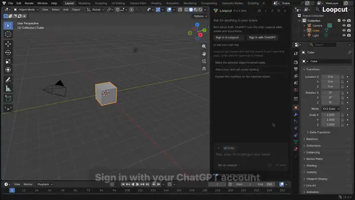 Loopcutのパネルに宝箱を作る作業を頼み、エージェントが立方体から宝箱のシーンを組んでレンダーするまでの様子