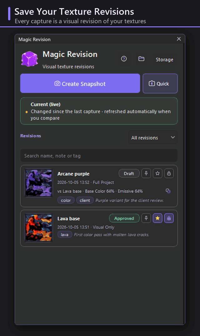 Create Snapshotボタンと、メモ・タグ・DraftやApprovedの状態が付いた版の一覧があるMagic Revisionのパネル