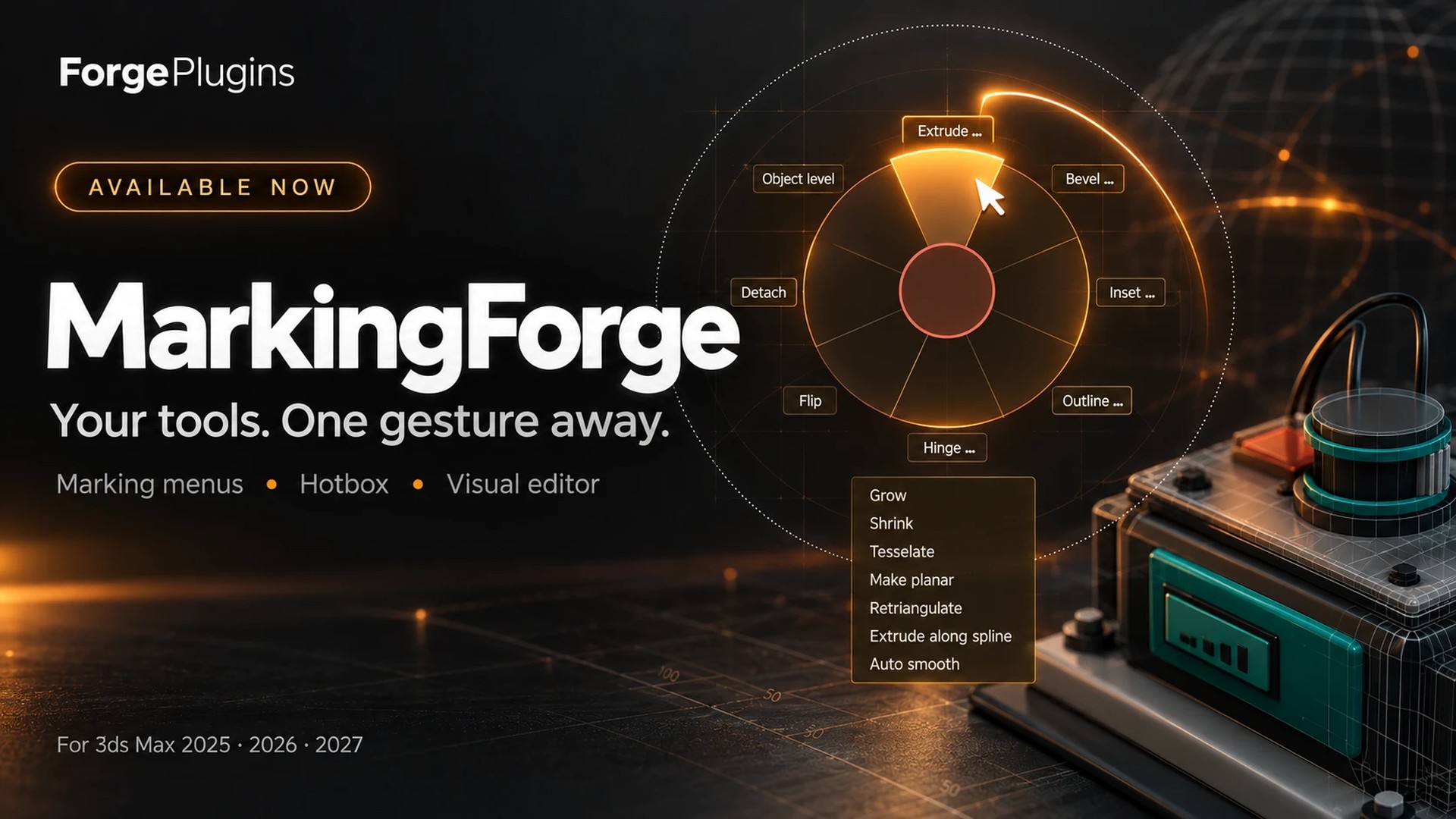 MarkingForgeのロゴと「Your tools. One gesture away.」の文字、円形のダイヤルメニューとモデルが並ぶ画像