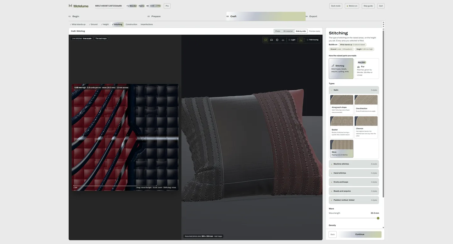 Matelumeの画面で、左に赤と黒の柄、中央にクッションの3Dプレビュー、右にステッチの設定が並んでいる